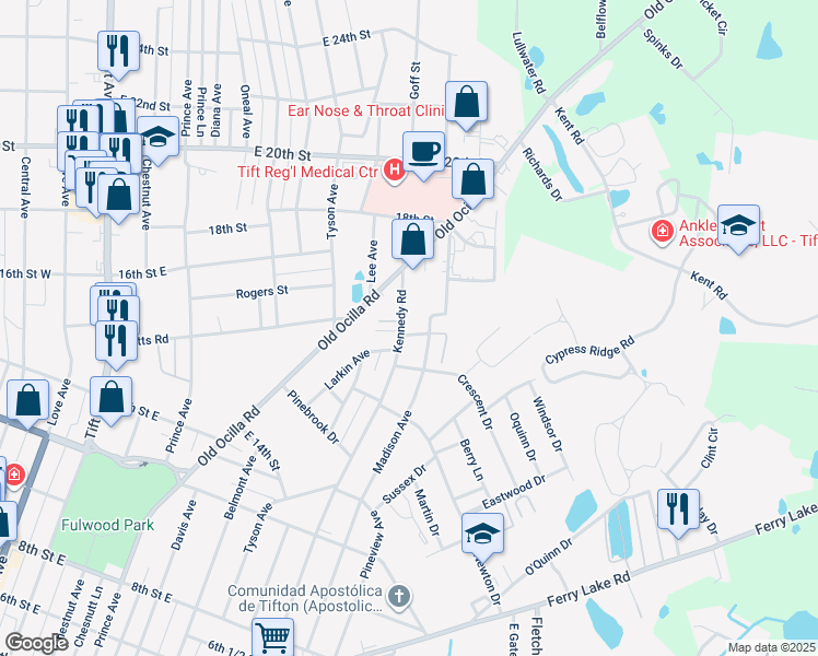 map of restaurants, bars, coffee shops, grocery stores, and more near 1485 Kennedy Road in Tifton