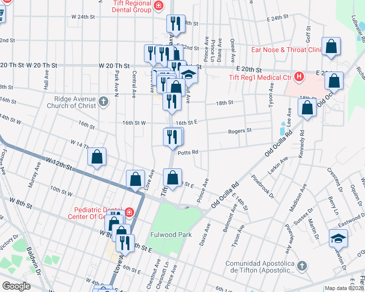 map of restaurants, bars, coffee shops, grocery stores, and more near 201-311 Potts Road in Tifton