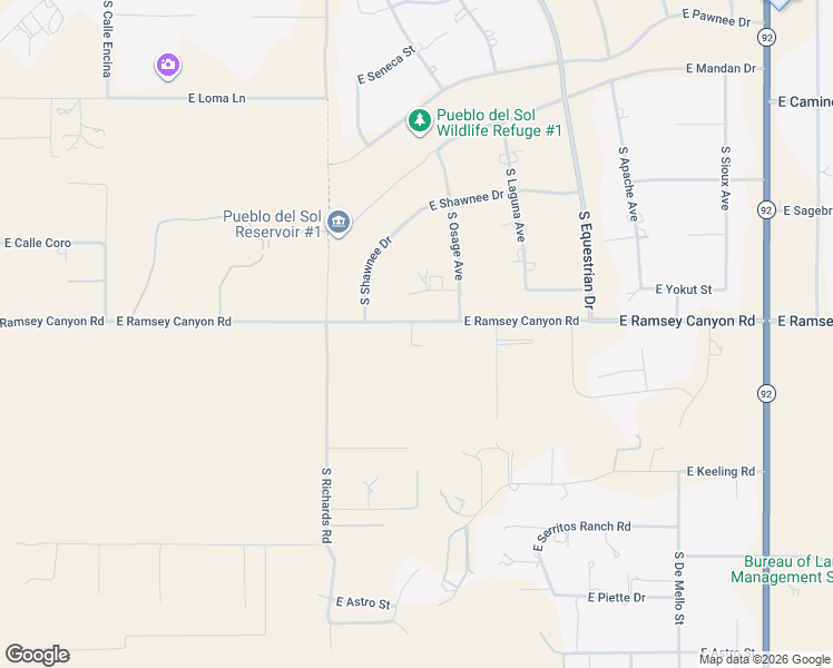 map of restaurants, bars, coffee shops, grocery stores, and more near 1752-1810 East Ramsey Canyon Road in Sierra Vista