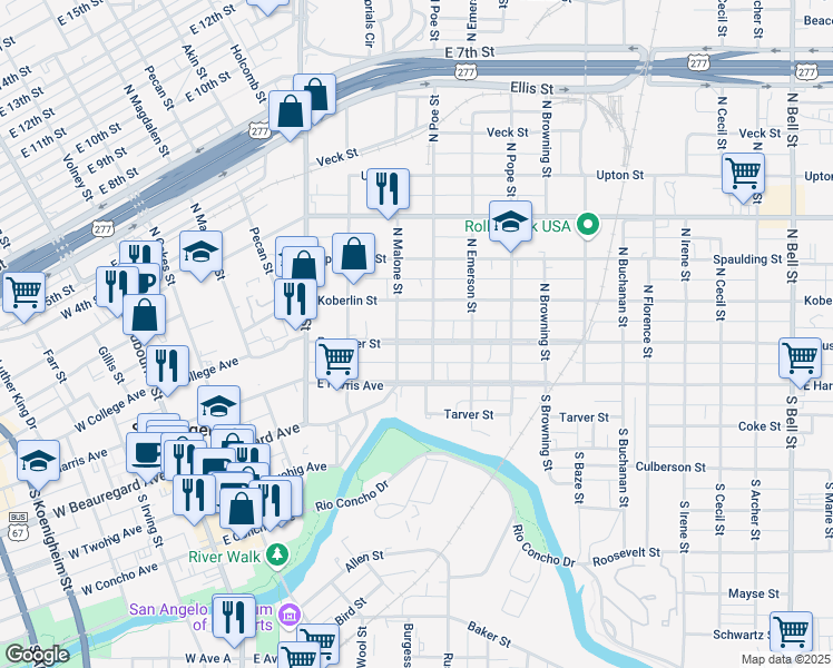 map of restaurants, bars, coffee shops, grocery stores, and more near 514 Preusser Street in San Angelo