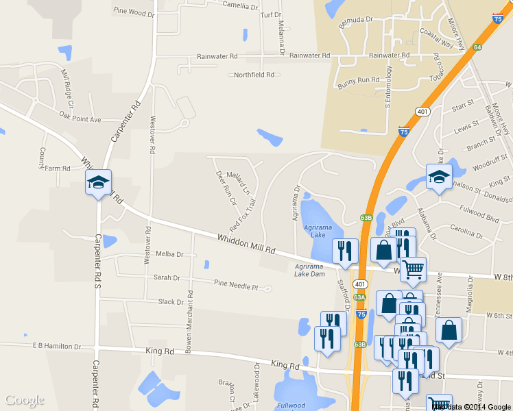 map of restaurants, bars, coffee shops, grocery stores, and more near 1407 Red Fox Trail in Tifton