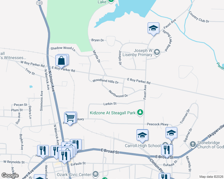 map of restaurants, bars, coffee shops, grocery stores, and more near 271 Northwood Drive in Ozark