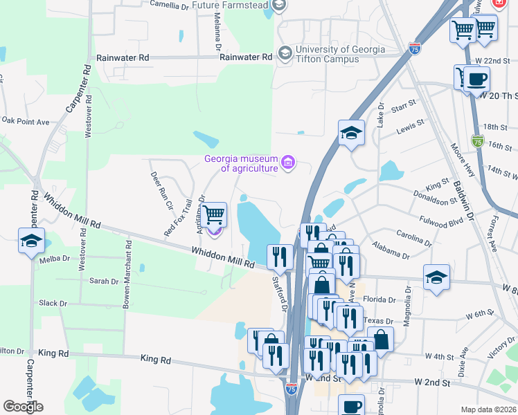 map of restaurants, bars, coffee shops, grocery stores, and more near Interstate 75 in Tifton