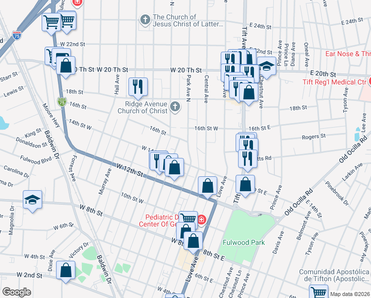 map of restaurants, bars, coffee shops, grocery stores, and more near 1412 Park Avenue North in Tifton