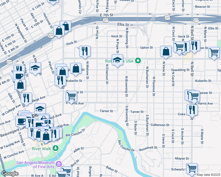 map of restaurants, bars, coffee shops, grocery stores, and more near 708 Preusser Street in San Angelo