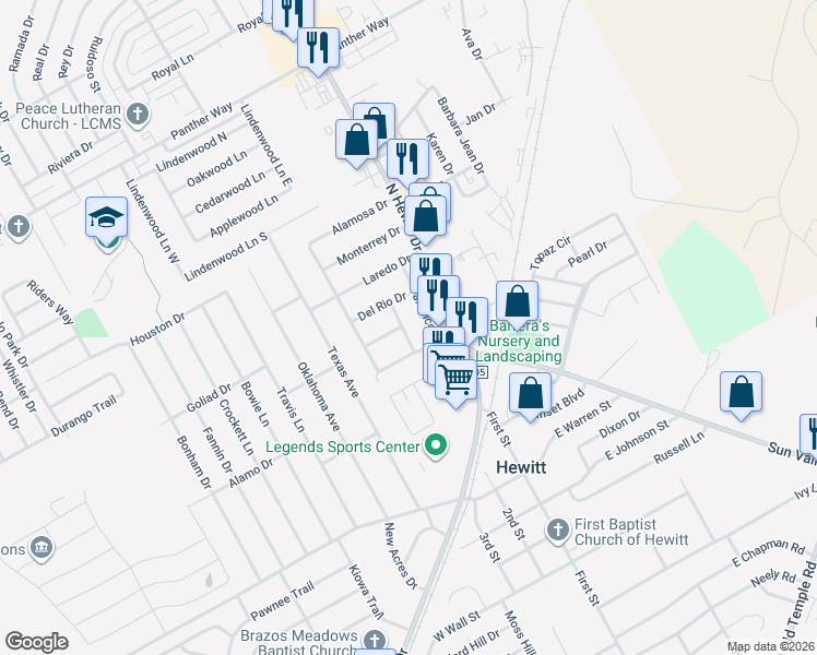map of restaurants, bars, coffee shops, grocery stores, and more near 212 Aztec Drive in Hewitt