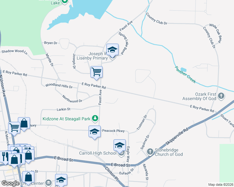 map of restaurants, bars, coffee shops, grocery stores, and more near 1066 East Roy Parker Road in Ozark