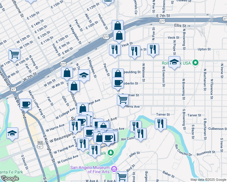 map of restaurants, bars, coffee shops, grocery stores, and more near 298 East College Avenue in San Angelo
