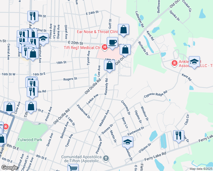 map of restaurants, bars, coffee shops, grocery stores, and more near 1485 Kennedy Road in Tifton