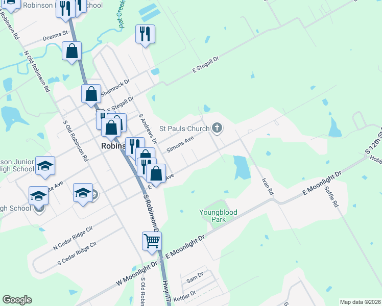 map of restaurants, bars, coffee shops, grocery stores, and more near 603 Dana Street in Robinson