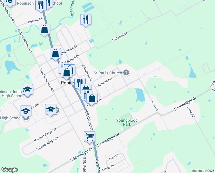 map of restaurants, bars, coffee shops, grocery stores, and more near 603 Dana Street in Robinson