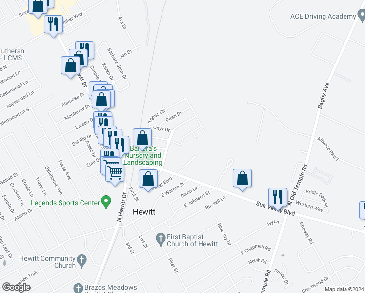 map of restaurants, bars, coffee shops, grocery stores, and more near 208 East Jade Drive in Hewitt