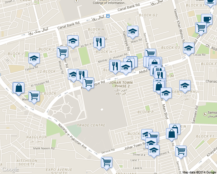 map of restaurants, bars, coffee shops, grocery stores, and more near Abdul Haque Road in Lahore
