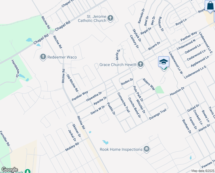 map of restaurants, bars, coffee shops, grocery stores, and more near 10400 Hiawatha Drive in Waco