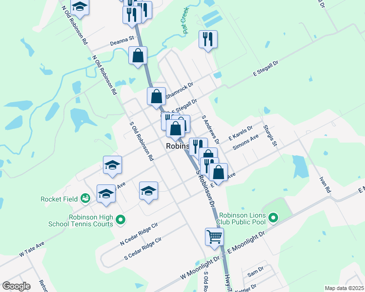 map of restaurants, bars, coffee shops, grocery stores, and more near in Robinson