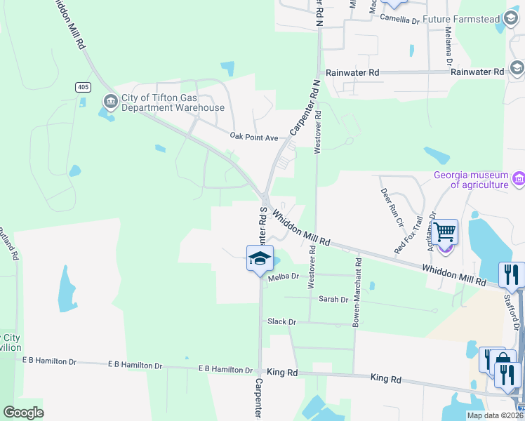 map of restaurants, bars, coffee shops, grocery stores, and more near 1464 Carpenter Road South in Tifton