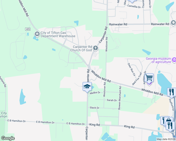 map of restaurants, bars, coffee shops, grocery stores, and more near 1464 Carpenter Road South in Tifton