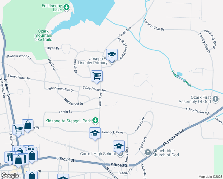 map of restaurants, bars, coffee shops, grocery stores, and more near 1001 East Roy Parker Road in Ozark