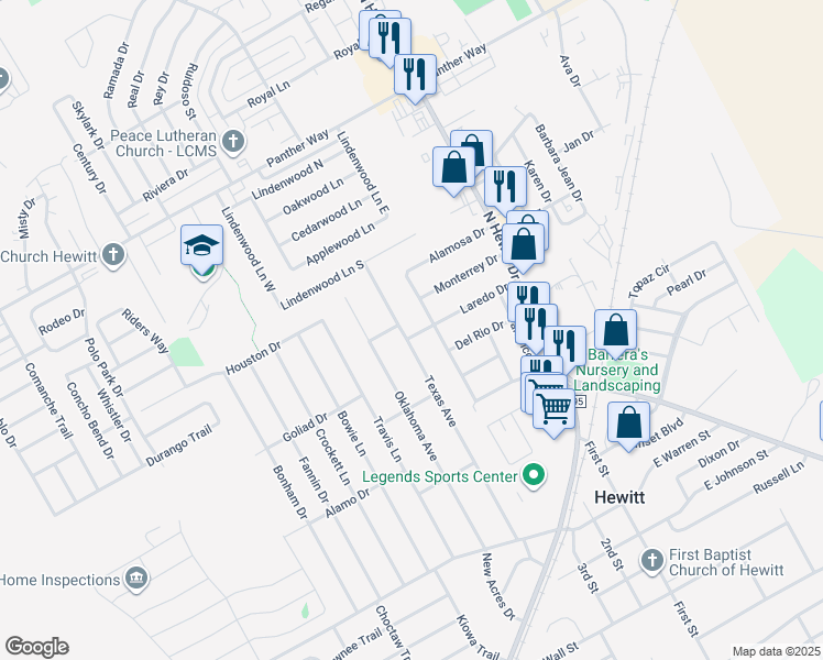 map of restaurants, bars, coffee shops, grocery stores, and more near 408 Texas Avenue in Hewitt