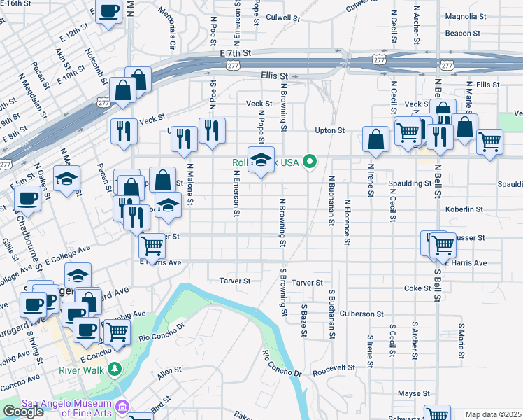 map of restaurants, bars, coffee shops, grocery stores, and more near 798 Koberlin St in San Angelo