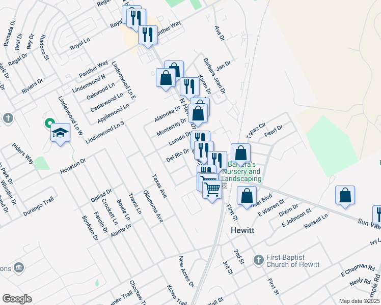 map of restaurants, bars, coffee shops, grocery stores, and more near 304 Tampico Drive in Hewitt