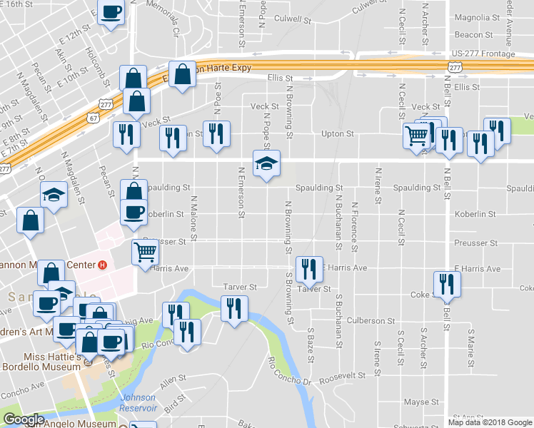 map of restaurants, bars, coffee shops, grocery stores, and more near Koberlin Street in San Angelo