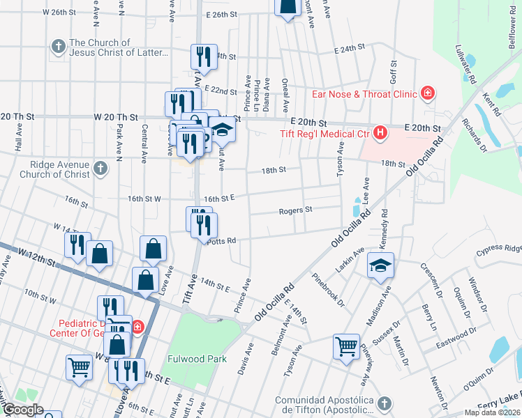 map of restaurants, bars, coffee shops, grocery stores, and more near 510 16th Street East in Tifton