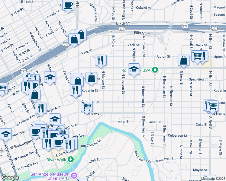 map of restaurants, bars, coffee shops, grocery stores, and more near 600 Koberlin Street in San Angelo