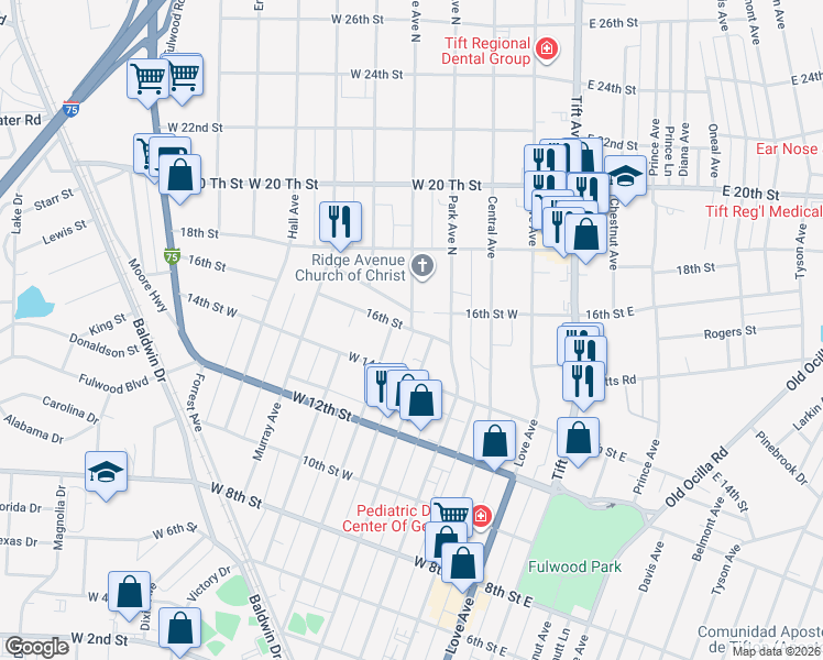 map of restaurants, bars, coffee shops, grocery stores, and more near 325 16th Street in Tifton
