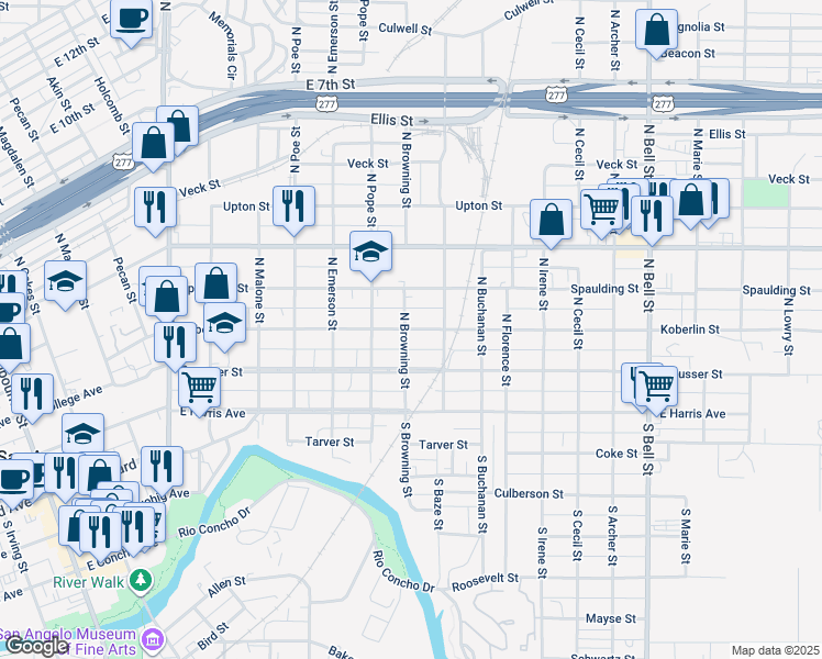 map of restaurants, bars, coffee shops, grocery stores, and more near 918 Koberlin Street in San Angelo