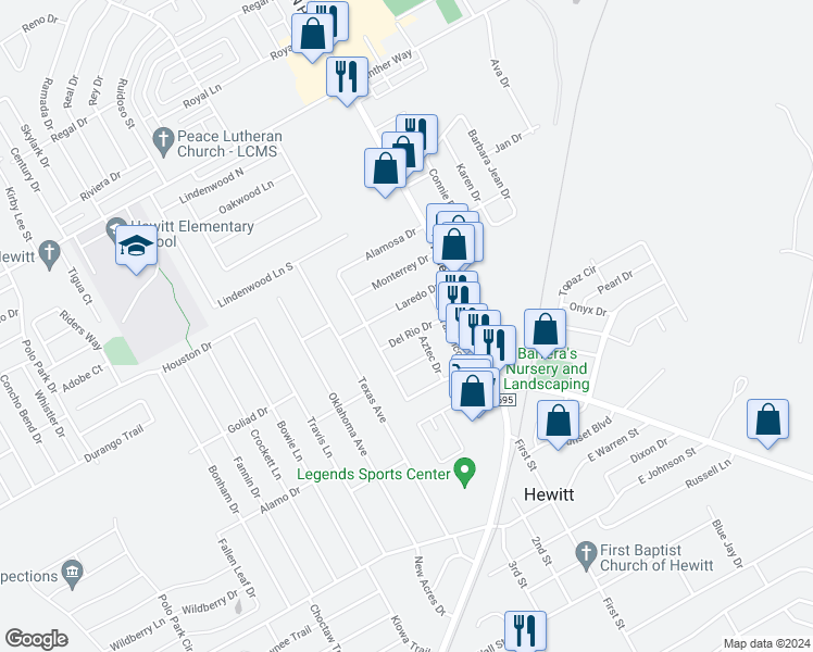 map of restaurants, bars, coffee shops, grocery stores, and more near 217 Del Rio Drive in Hewitt