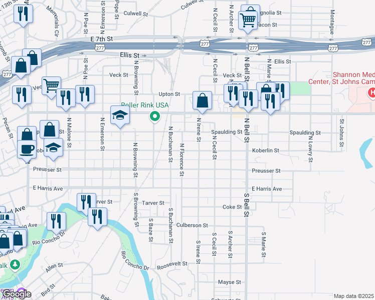 map of restaurants, bars, coffee shops, grocery stores, and more near 1298 Koberlin Street in San Angelo