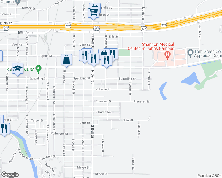map of restaurants, bars, coffee shops, grocery stores, and more near 1718 Koberlin Street in San Angelo