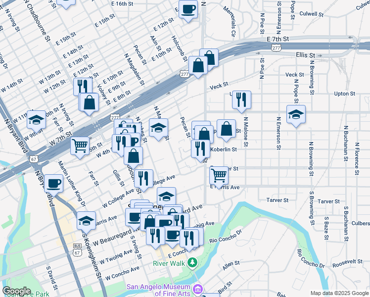 map of restaurants, bars, coffee shops, grocery stores, and more near 240 North Magdalen Street in San Angelo