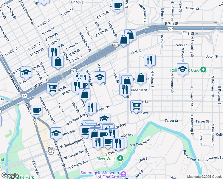 map of restaurants, bars, coffee shops, grocery stores, and more near 240 North Magdalen Street in San Angelo
