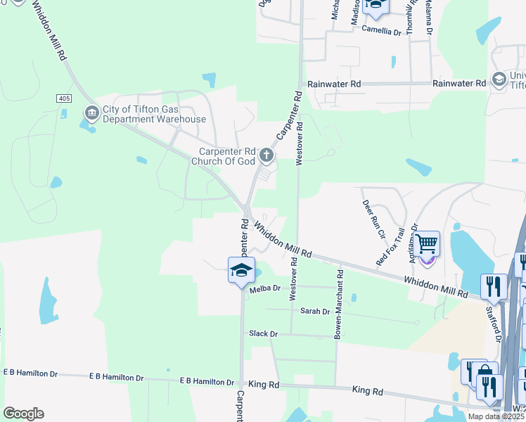 map of restaurants, bars, coffee shops, grocery stores, and more near 40 Carpenter Road North in Tifton