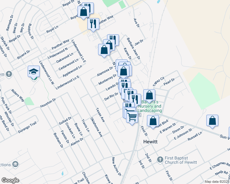 map of restaurants, bars, coffee shops, grocery stores, and more near 224 Laredo Drive in Hewitt