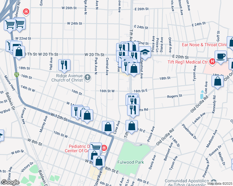 map of restaurants, bars, coffee shops, grocery stores, and more near 1422 Love Avenue in Tifton