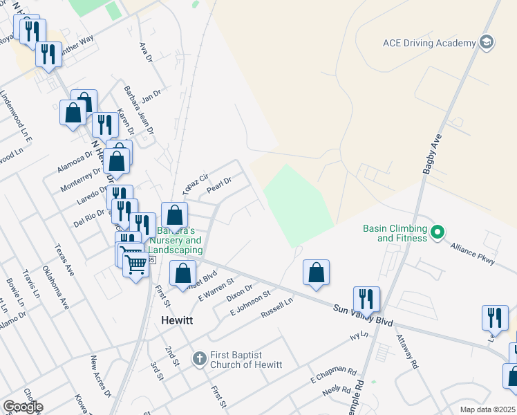 map of restaurants, bars, coffee shops, grocery stores, and more near 401 Topaz Circle in Hewitt