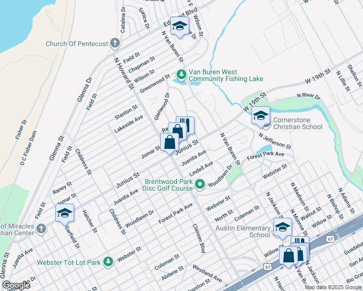 map of restaurants, bars, coffee shops, grocery stores, and more near 2008 Junius Street in San Angelo