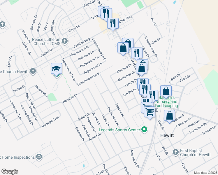 map of restaurants, bars, coffee shops, grocery stores, and more near 408 Texas Avenue in Hewitt