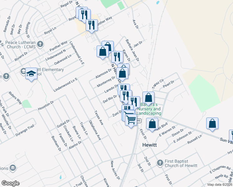 map of restaurants, bars, coffee shops, grocery stores, and more near 301 Tampico Drive in Hewitt