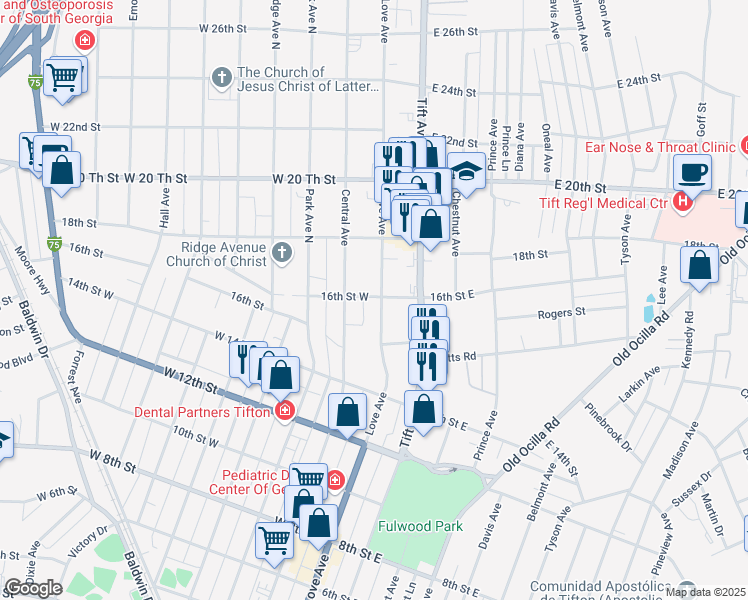 map of restaurants, bars, coffee shops, grocery stores, and more near 1500 Love Avenue in Tifton