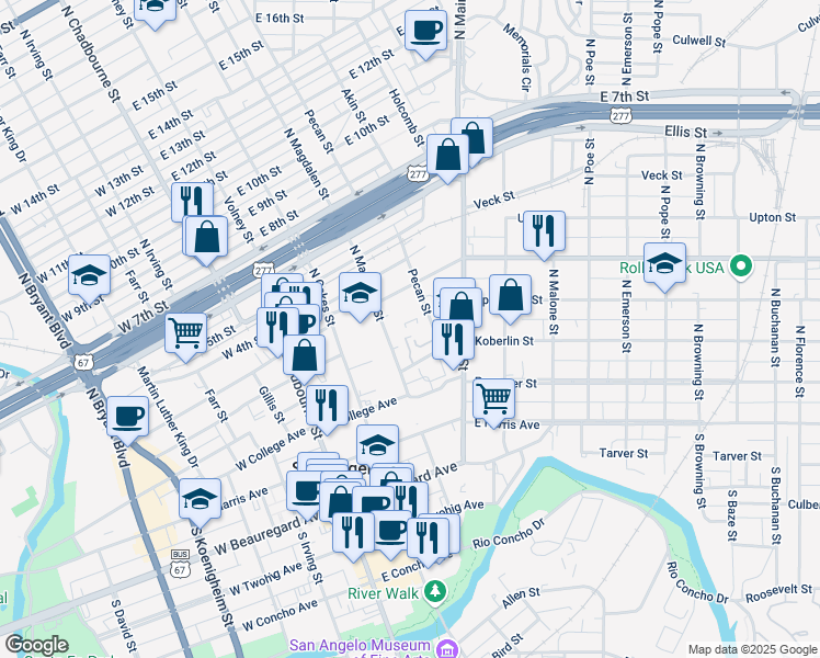 map of restaurants, bars, coffee shops, grocery stores, and more near 240 North Magdalen Street in San Angelo