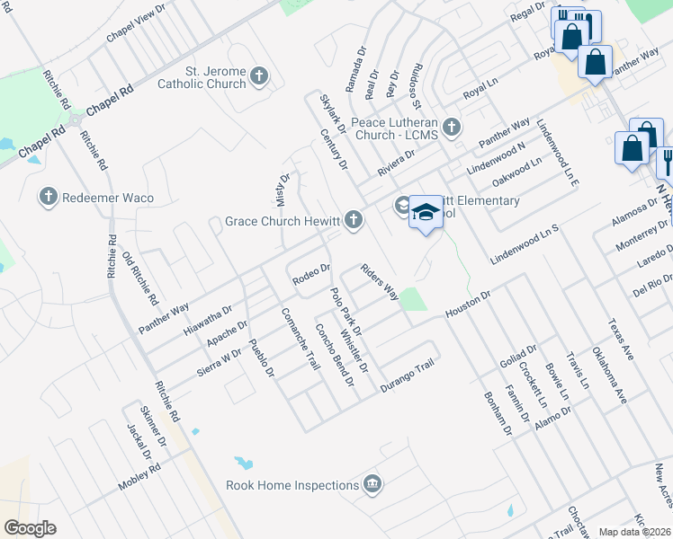 map of restaurants, bars, coffee shops, grocery stores, and more near 2500 Riders Way in Waco