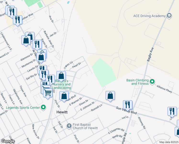 map of restaurants, bars, coffee shops, grocery stores, and more near 401 Topaz Circle in Hewitt