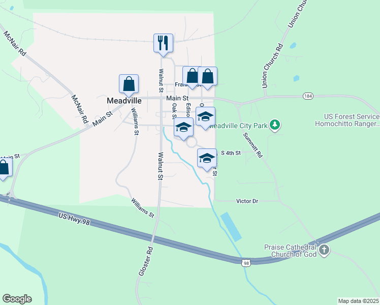 map of restaurants, bars, coffee shops, grocery stores, and more near 236 Edison Street in Meadville