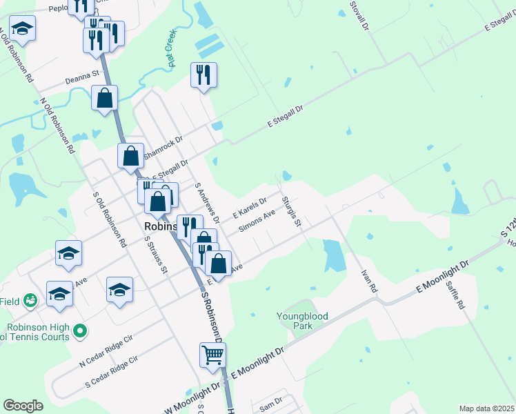 map of restaurants, bars, coffee shops, grocery stores, and more near 500 Simons Avenue in Robinson