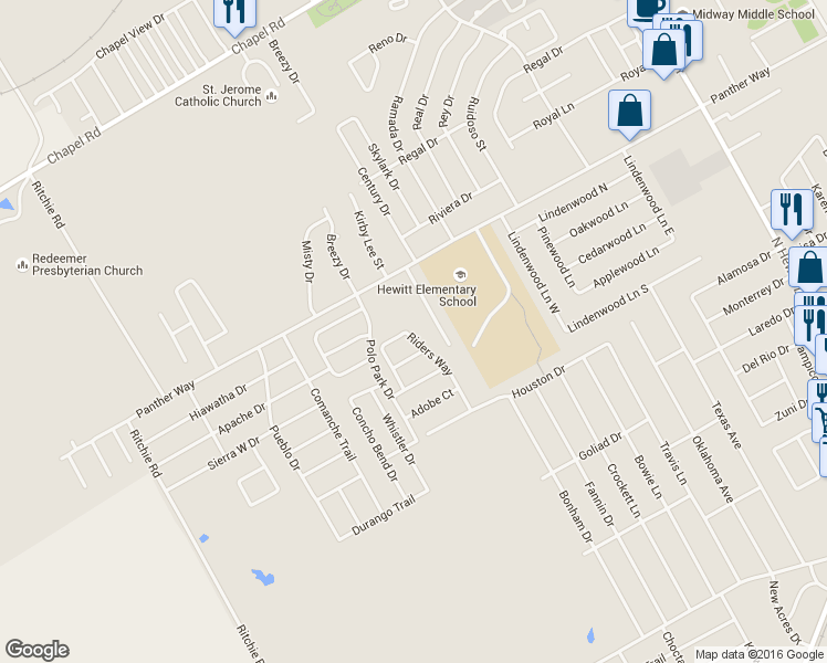 map of restaurants, bars, coffee shops, grocery stores, and more near 2600 Riders Way in Waco