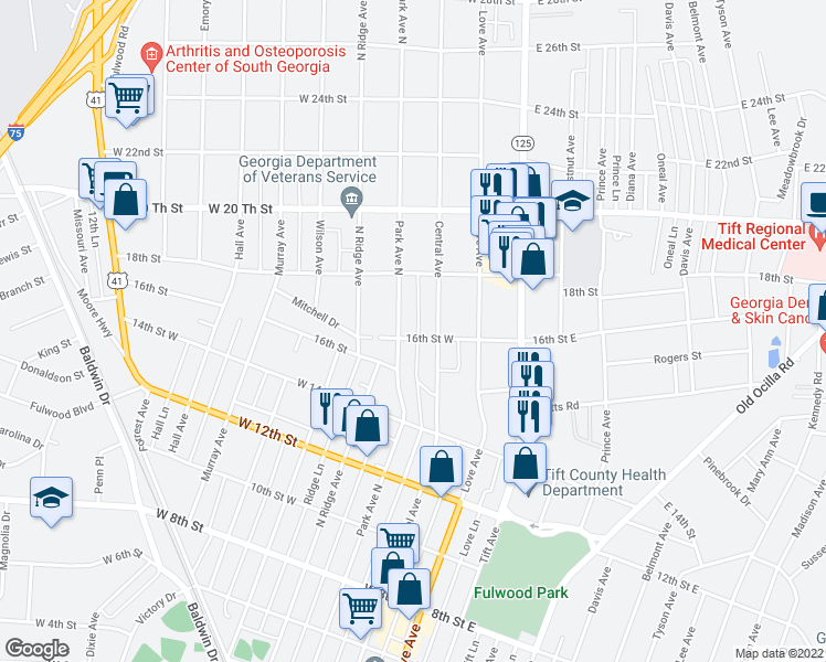 map of restaurants, bars, coffee shops, grocery stores, and more near 109 16th Street West in Tifton